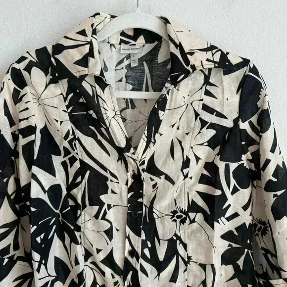 Harve Benard Woman's Black Beige Floral Linen Blend Button Up Blouse Size L - Picture 5 of 11